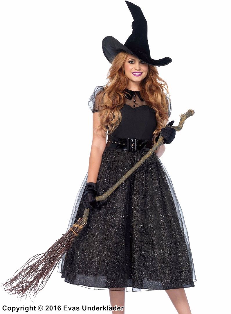 Witch, costume dress, glitter, belt, puff sleeves
